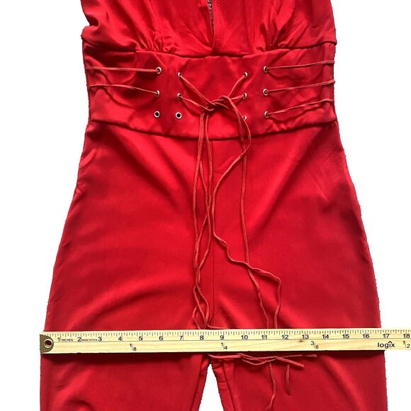 Vintage Y2K Hi Sense Halter Neck Flared Jumpsuit M Red Stretch Glam Festive - Picture 9 of 14
